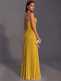 Strapless A-line Long Pleated Satin Prom Dress