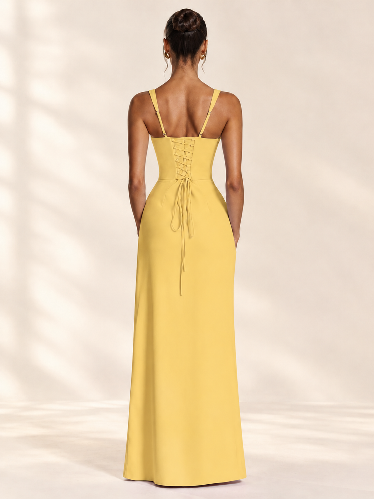 Square Neck Satin Sleeveless Ruched Prom Dress with High Slit