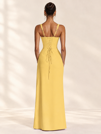 Square Neck Satin Sleeveless Ruched Prom Dress with High Slit