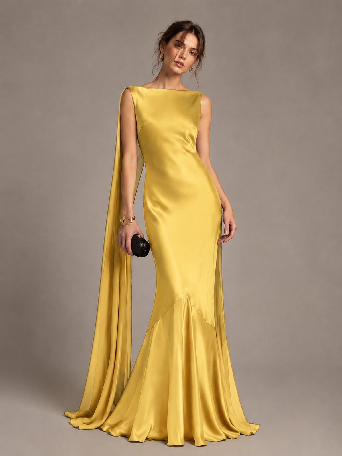Burgundy Satin Mermaid Cape Maxi Dress