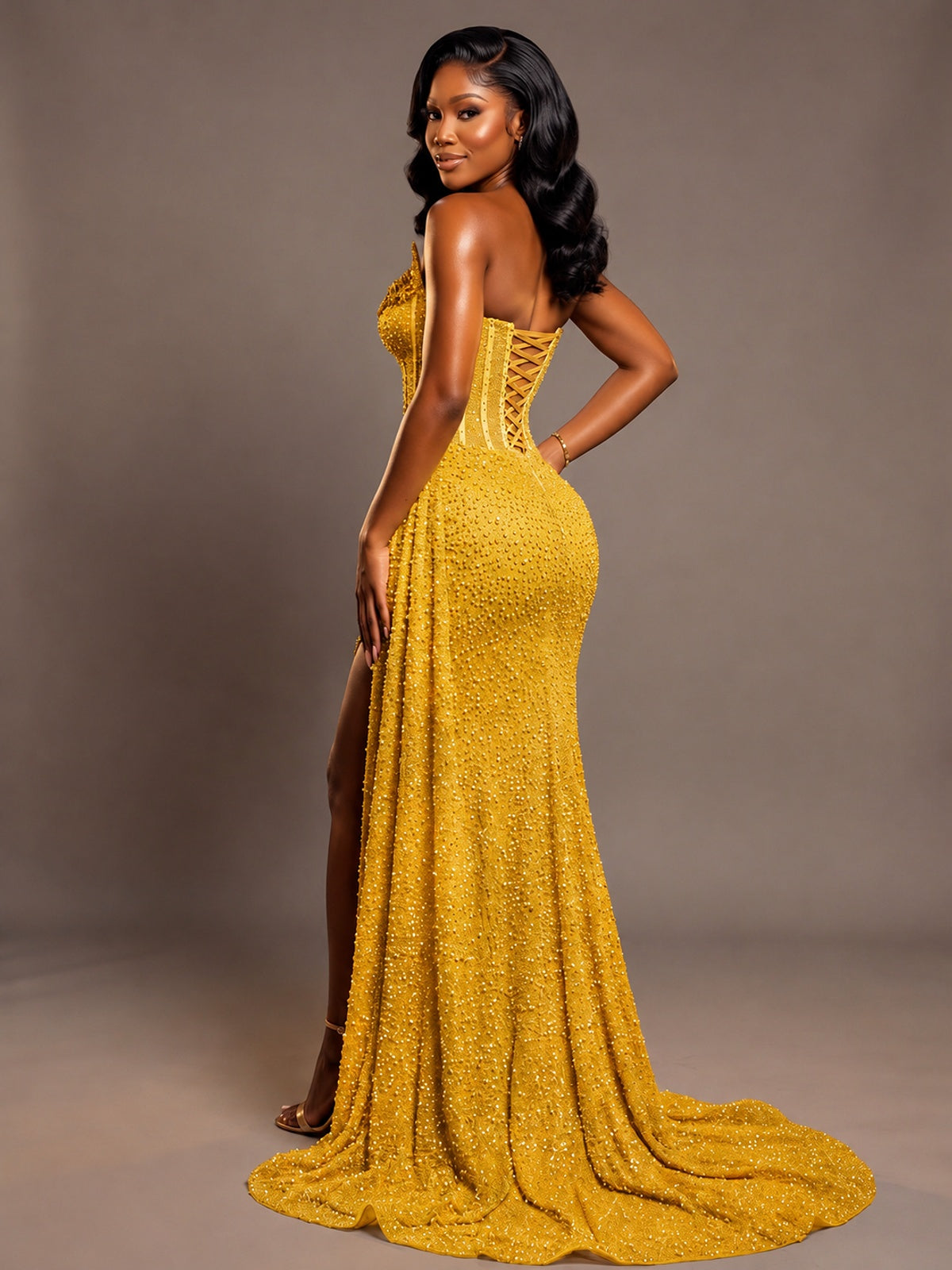 Luxury Strapless Sequin Corset Mermaid Prom Dress with High Slit & Train
