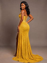 Luxury Strapless Sequin Corset Mermaid Prom Dress with High Slit & Train