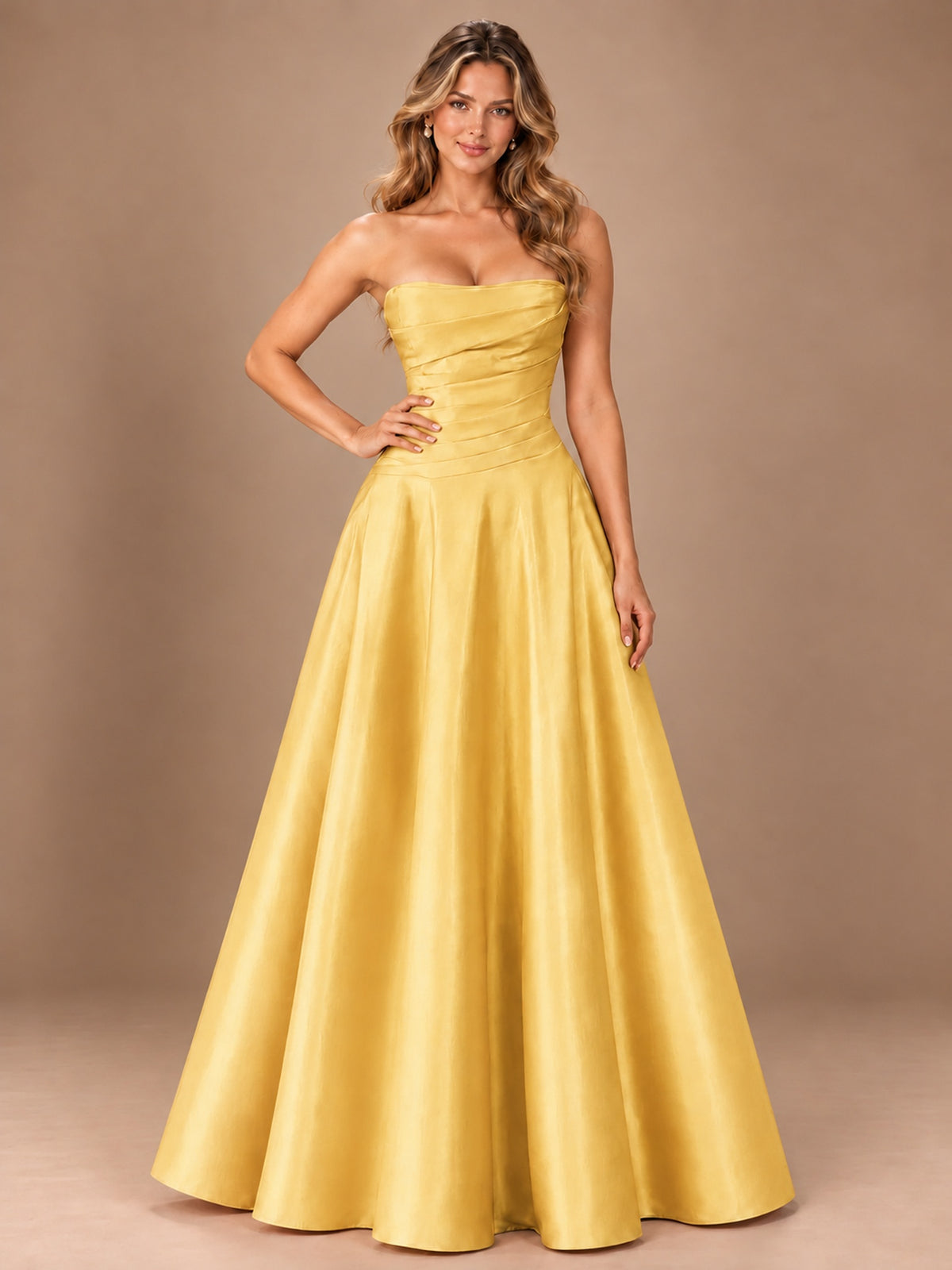 Blush Pink Strapless Satin A-Line Prom Dress with Ruched Bodice