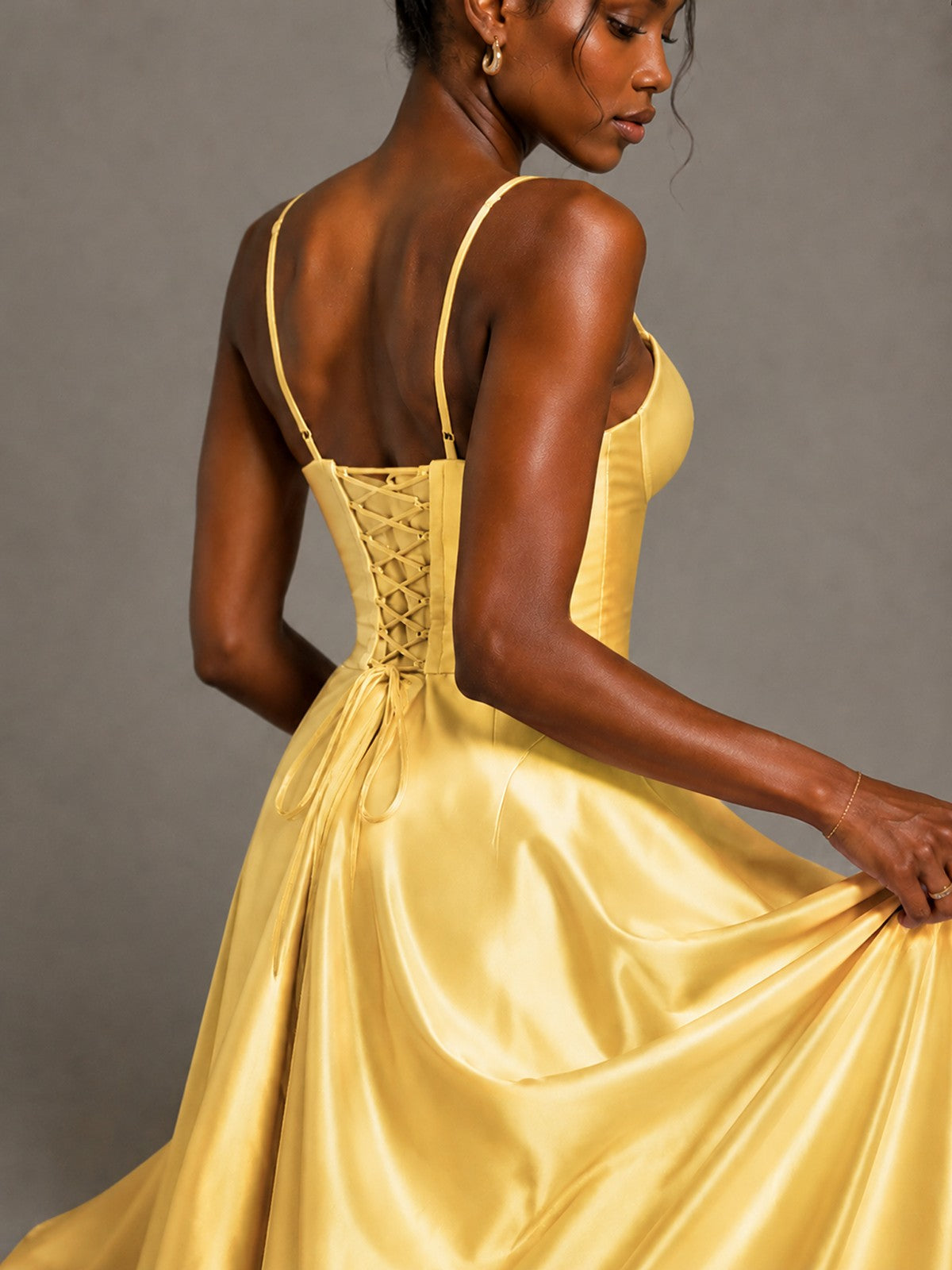 Lavender V Neck Satin Prom Dress with Spaghetti Straps