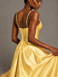 Lavender V Neck Satin Prom Dress with Spaghetti Straps