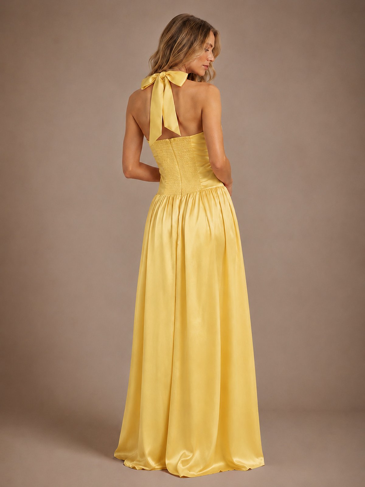 Pink V Neck Halter Satin Maxi Dress