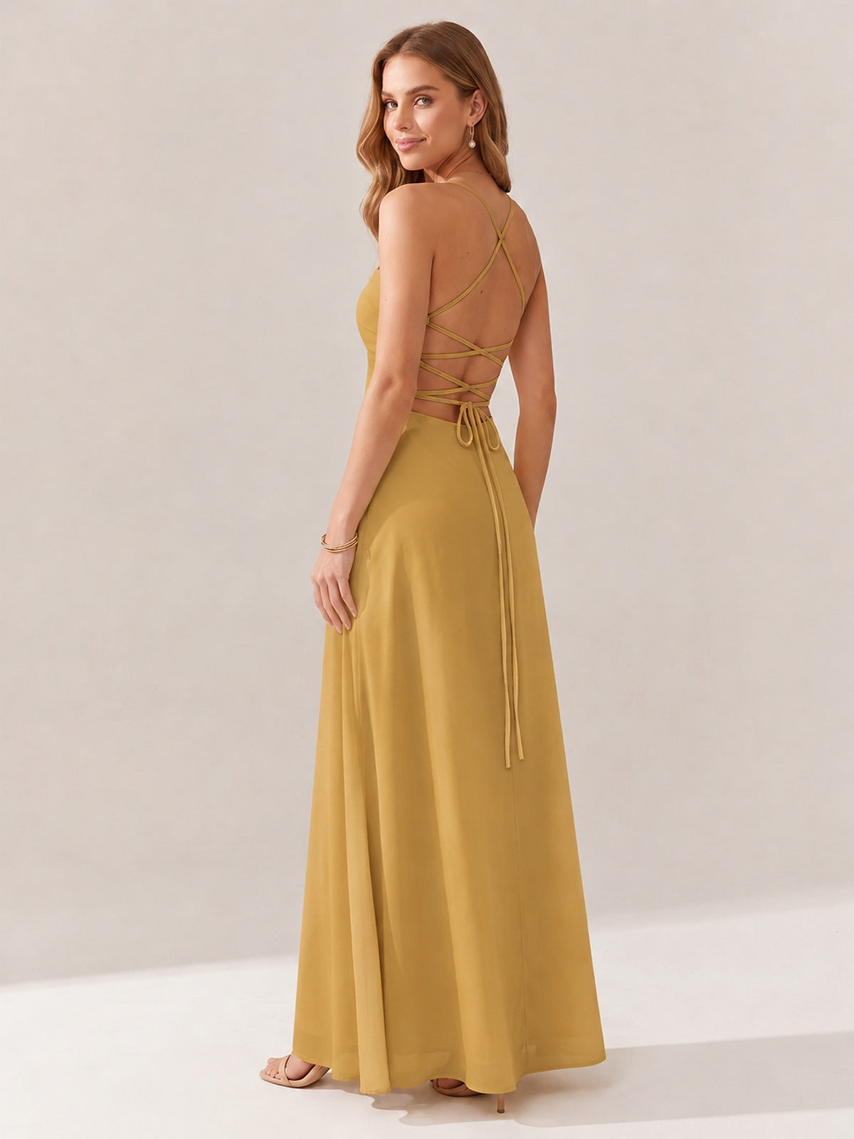 JOVELLEE Yellow Sweetheart Ruched Bust Chiffon Maxi Dress
