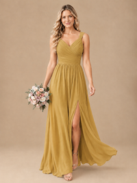 Pleated Chiffon V Neck Wedding Bridesmaid Dresses Floor Length with Slit