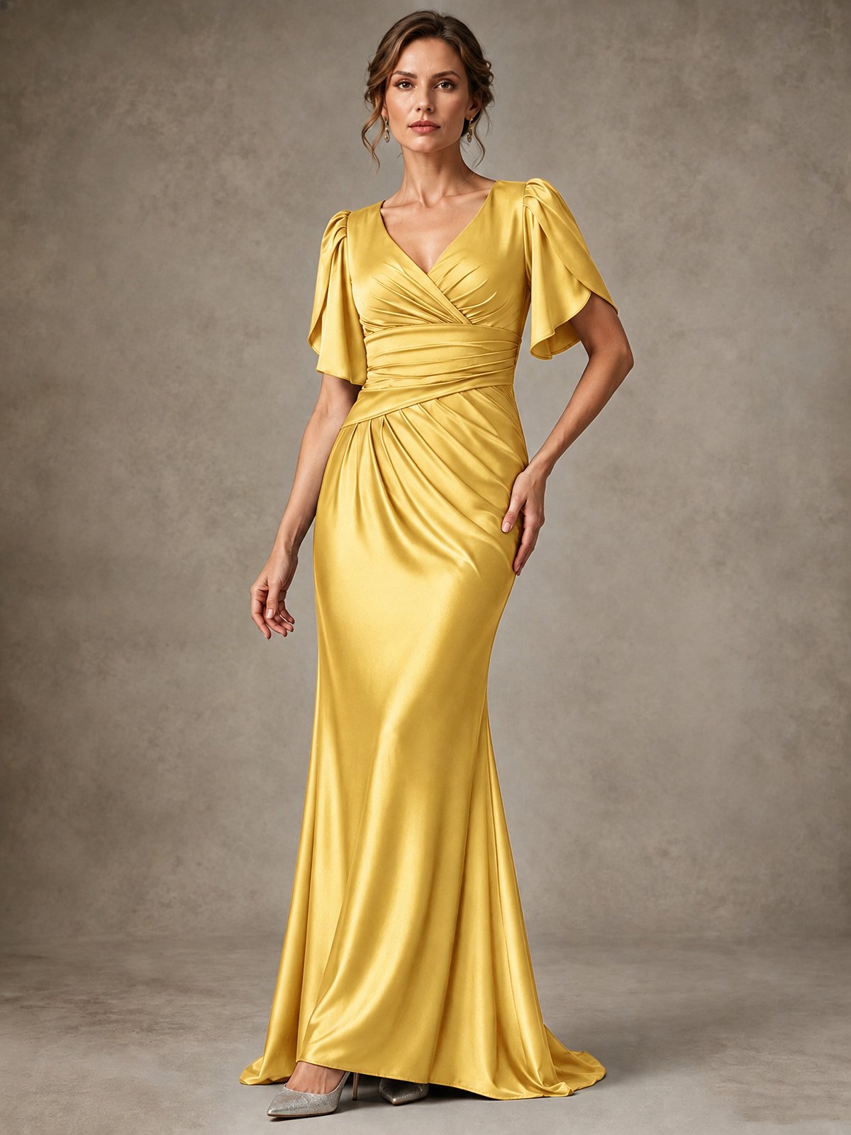 V-Neck Satin Mother of the Bride Dress with Flutter Sleeves
