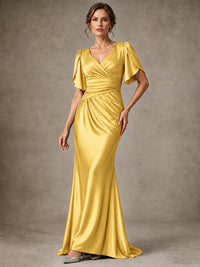 V-Neck Satin Mother of the Bride Dress with Flutter Sleeves