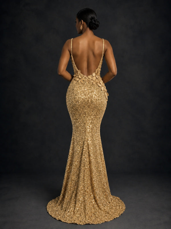 Gold Sequin Mermaid Prom Dress with Floral Applique