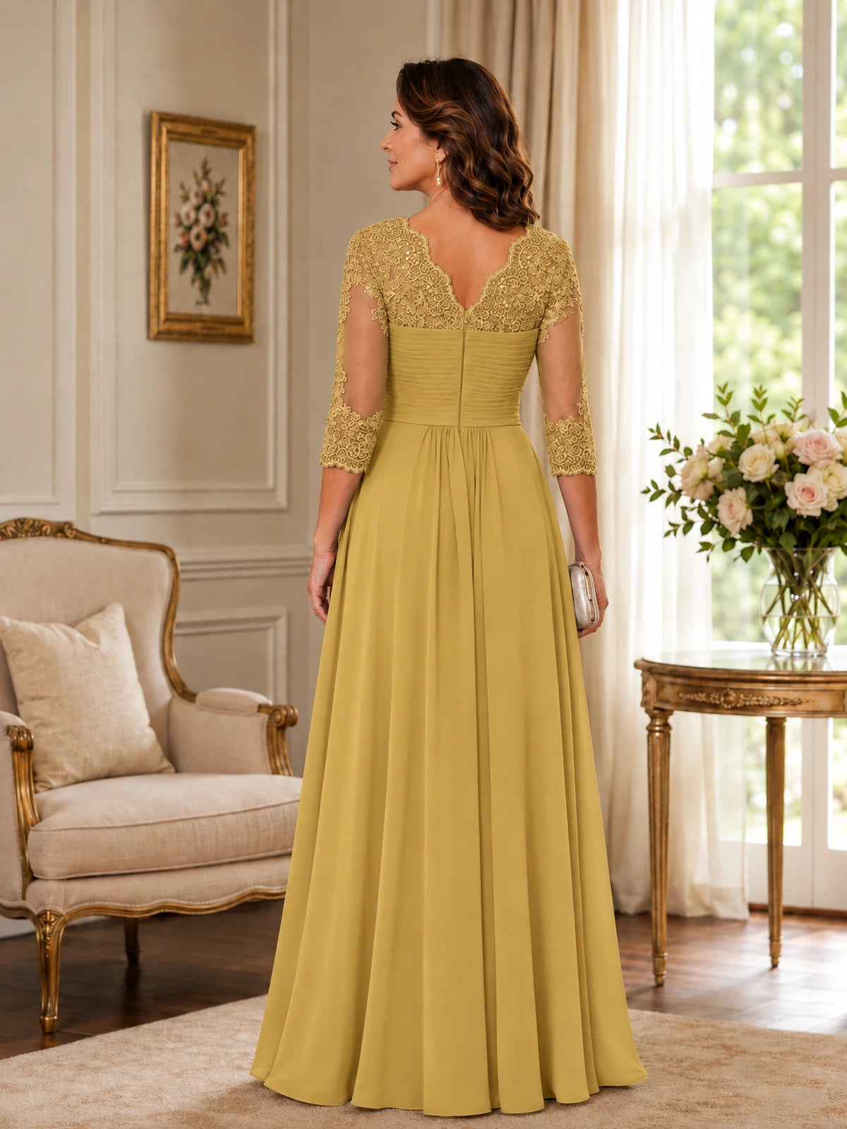 Chiffon Lace Applique Mother of the Bride Dress with 3/4 Sleeves