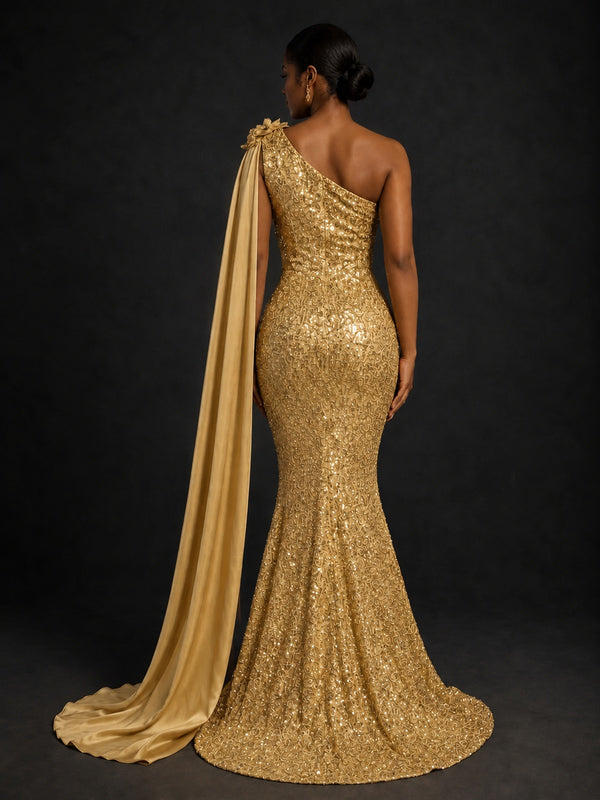 Gold Sequin One Shoulder Mermaid Prom Dress with Cape