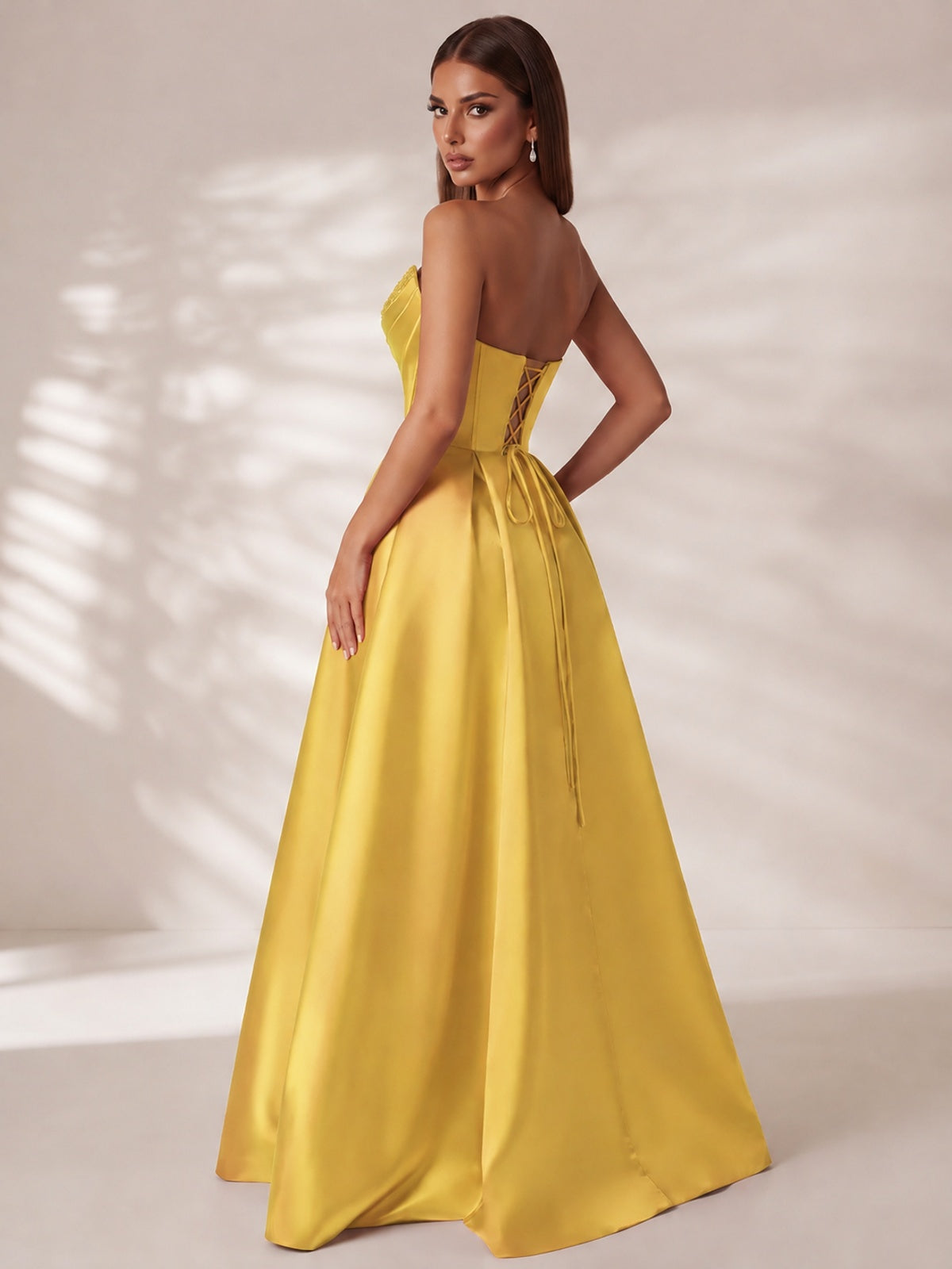Strapless Corset Satin Prom Dress Long Evening Gown with High Slit