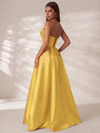 Strapless Corset Satin Prom Dress Long Evening Gown with High Slit