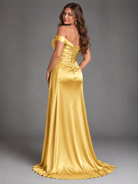 Off Shoulder Satin Maxi Dress with Slit
