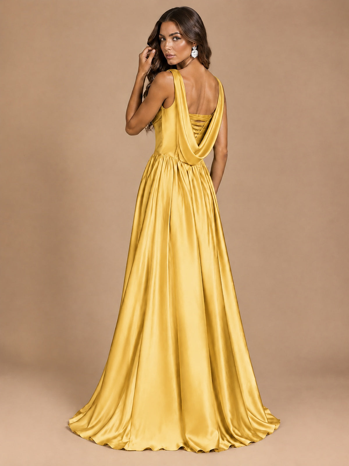Cowl Neck Pleated Satin Prom Dress with Pockets & Slit Maxi Formal Gowns