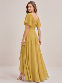 Dusty Blue Chiffon Bridesmaid Dress with Flutter Sleeves & High-Low Hem