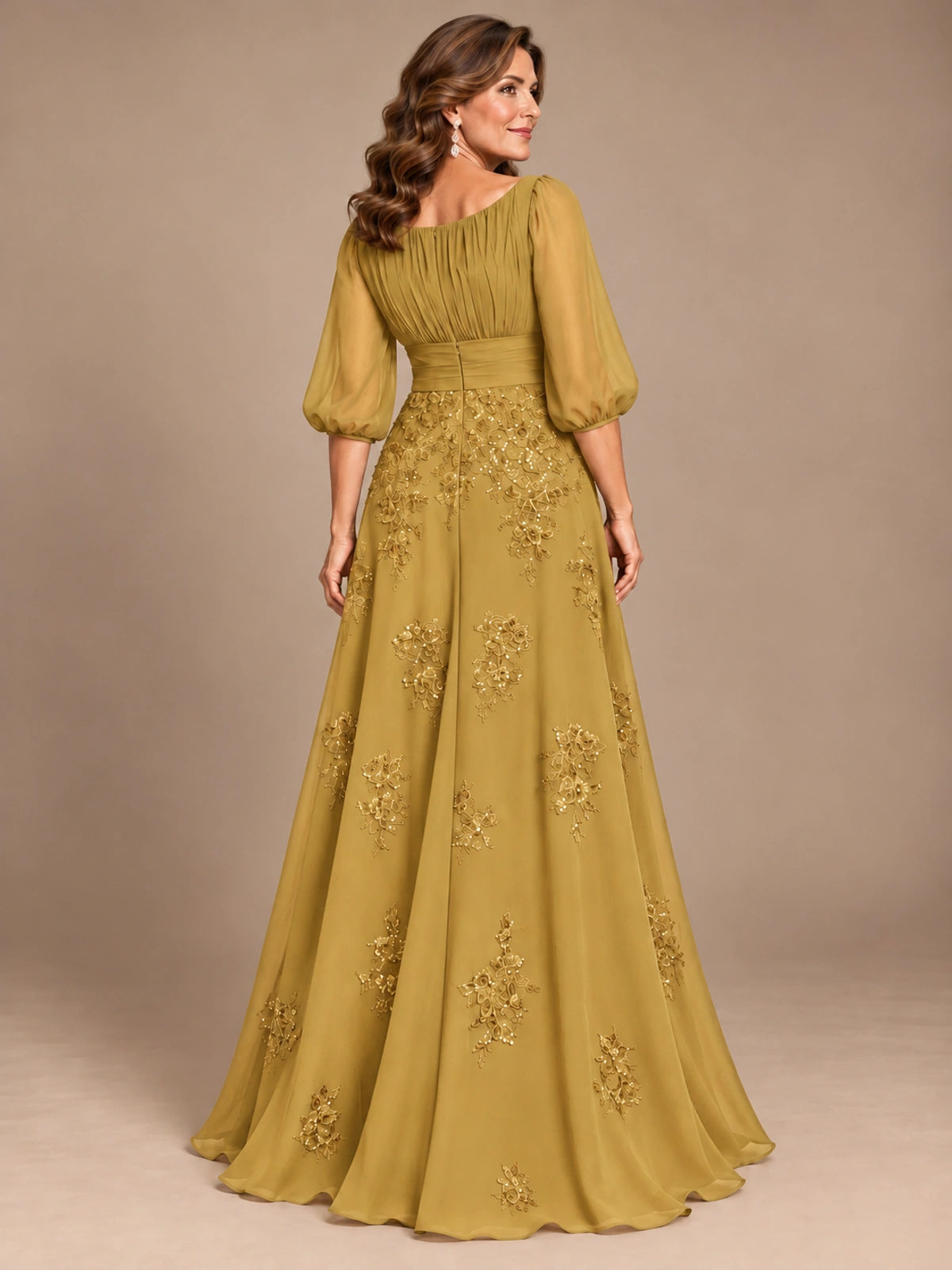 A-Line Mother of the Bride Dress with Sheer Puff Sleeves