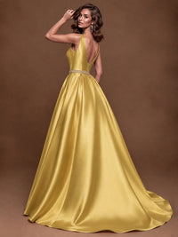 Satin A-Line Prom Dress Sleeveless Beaded Waist Formal Gown with Pockets