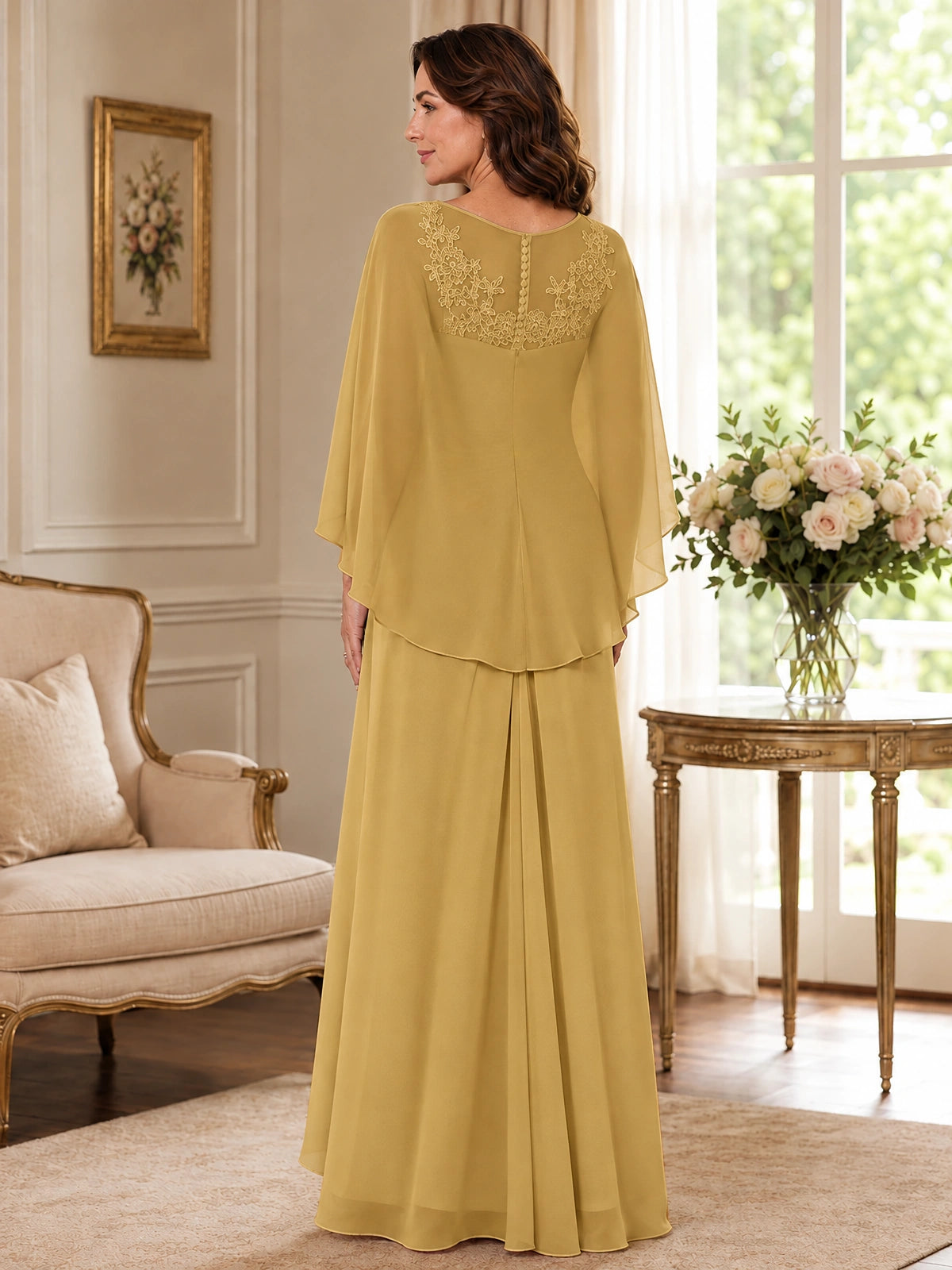 Elegant Chiffon Mother of the Bride Dress with Lace Applique and Cape Sleeves