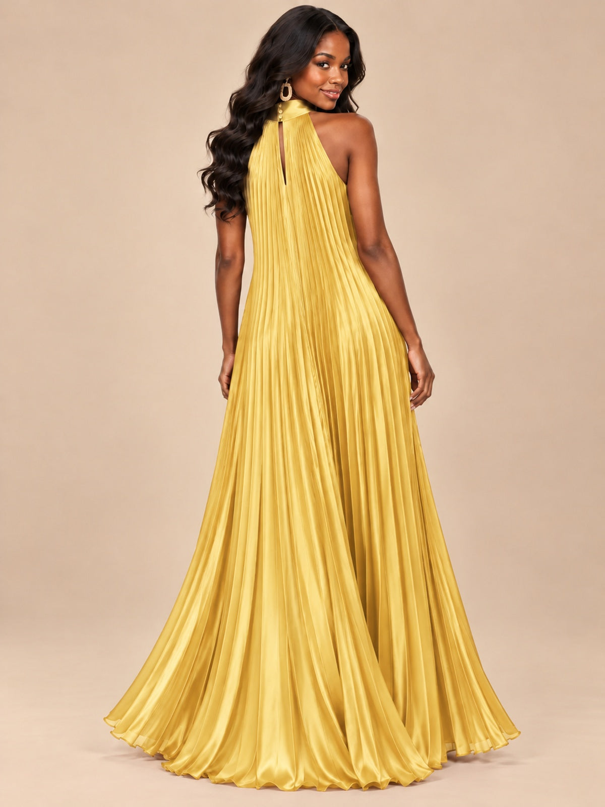Rust Orange Pleated Halter Neck Maxi Dress