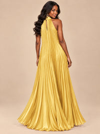 Rust Orange Pleated Halter Neck Maxi Dress