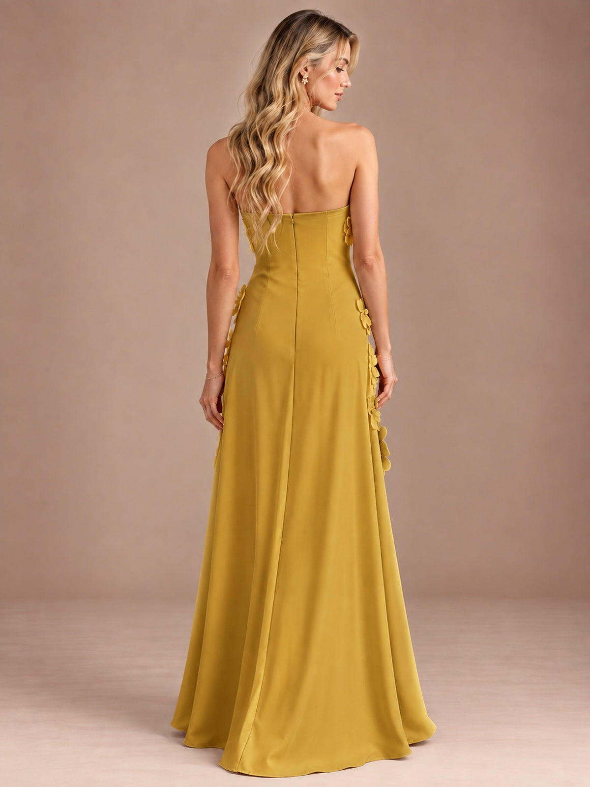 Yellow Strapless A-line Satin Maxi Dress with 3D Floral