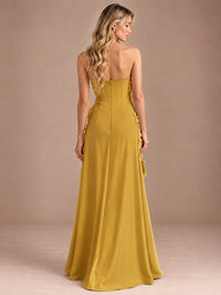 Yellow Strapless A-line Satin Maxi Dress with 3D Floral