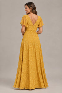 Jovellee Floral Chiffon A-Line Mother of the Bride Dress with Flutter Sleeves