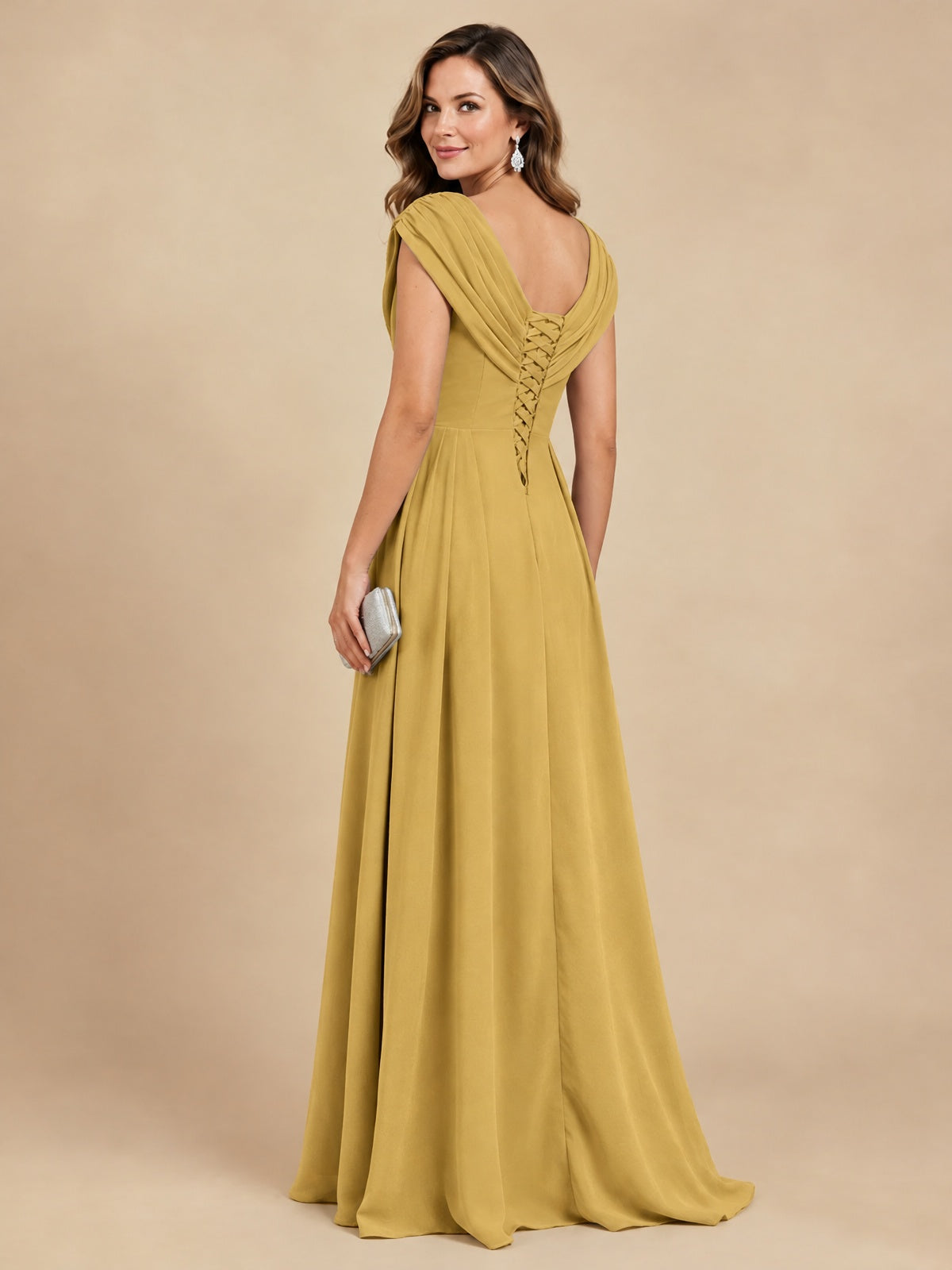 V Neck Pleated Mother of The Bride Dresses with Beading Cap Sleeves