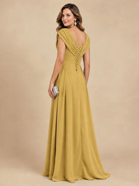 V Neck Pleated Mother of The Bride Dresses with Beading Cap Sleeves