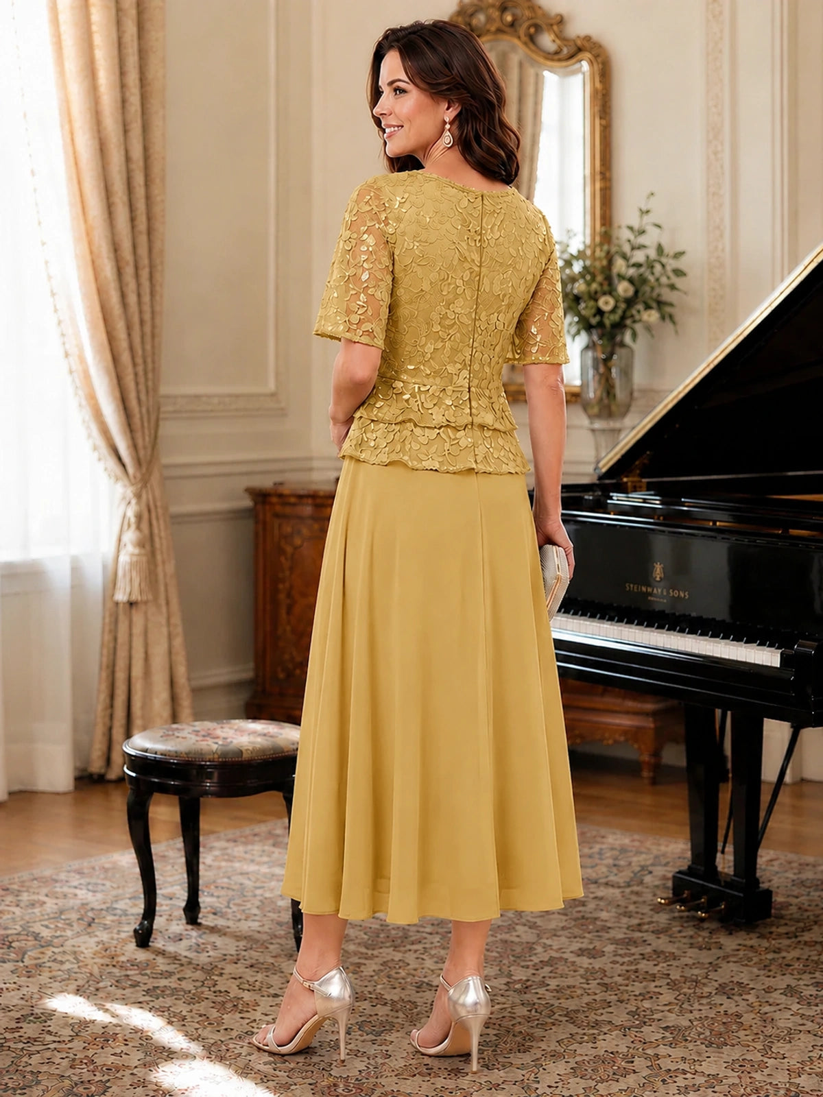 Tea-Length Chiffon Mother of the Bride Dress with Sequin Lace Sleeves