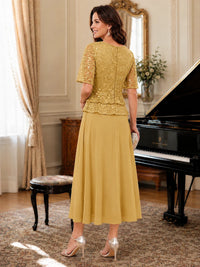 Tea-Length Chiffon Mother of the Bride Dress with Sequin Lace Sleeves