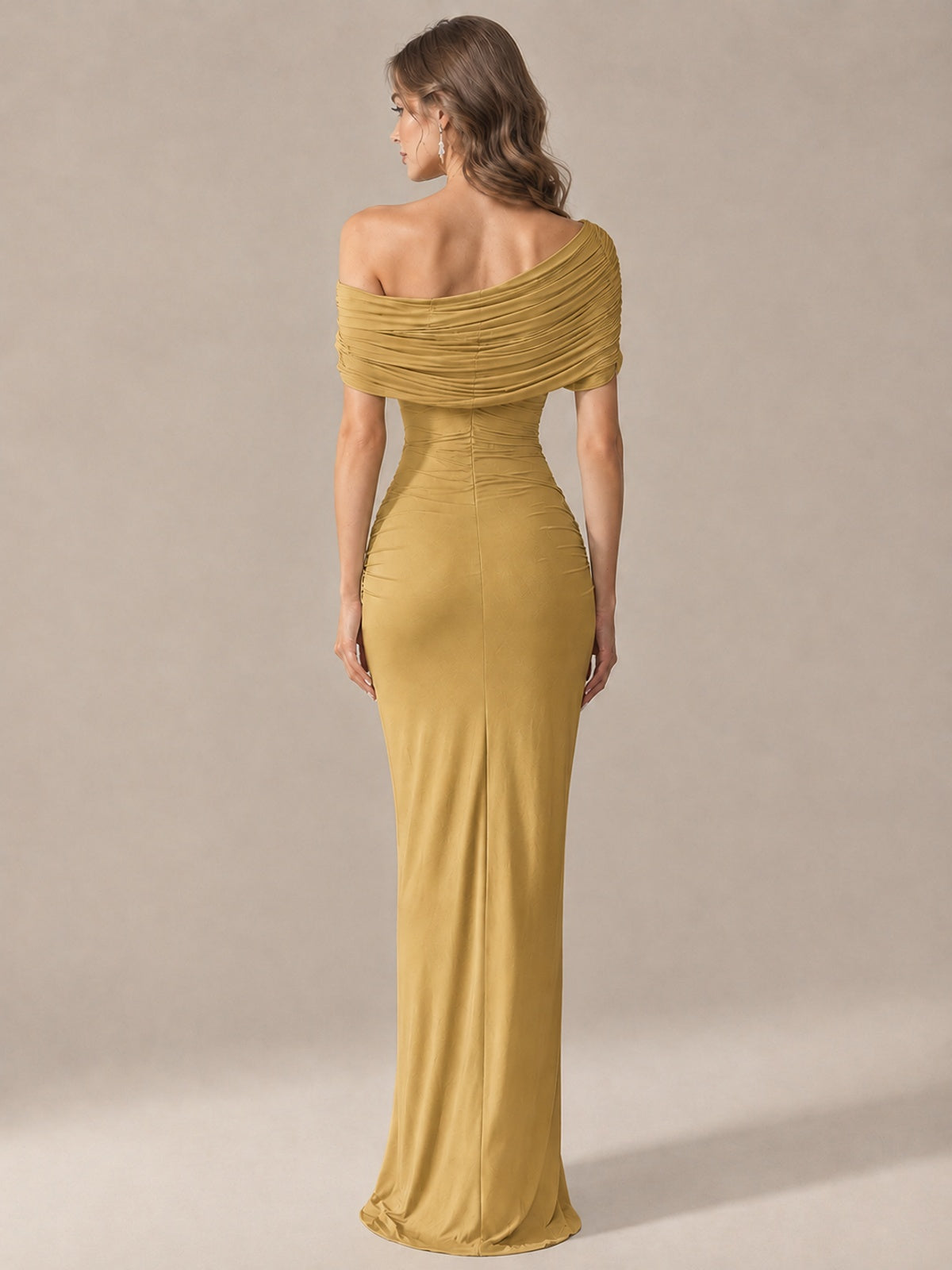 Elegant Draped Off Shoulder Ruched Mermaid Chiffon Formal Evening Gown