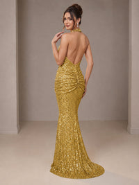 Gold Halter Sequin Mermaid Ruched Prom Dress Long Ruched Evening Gown