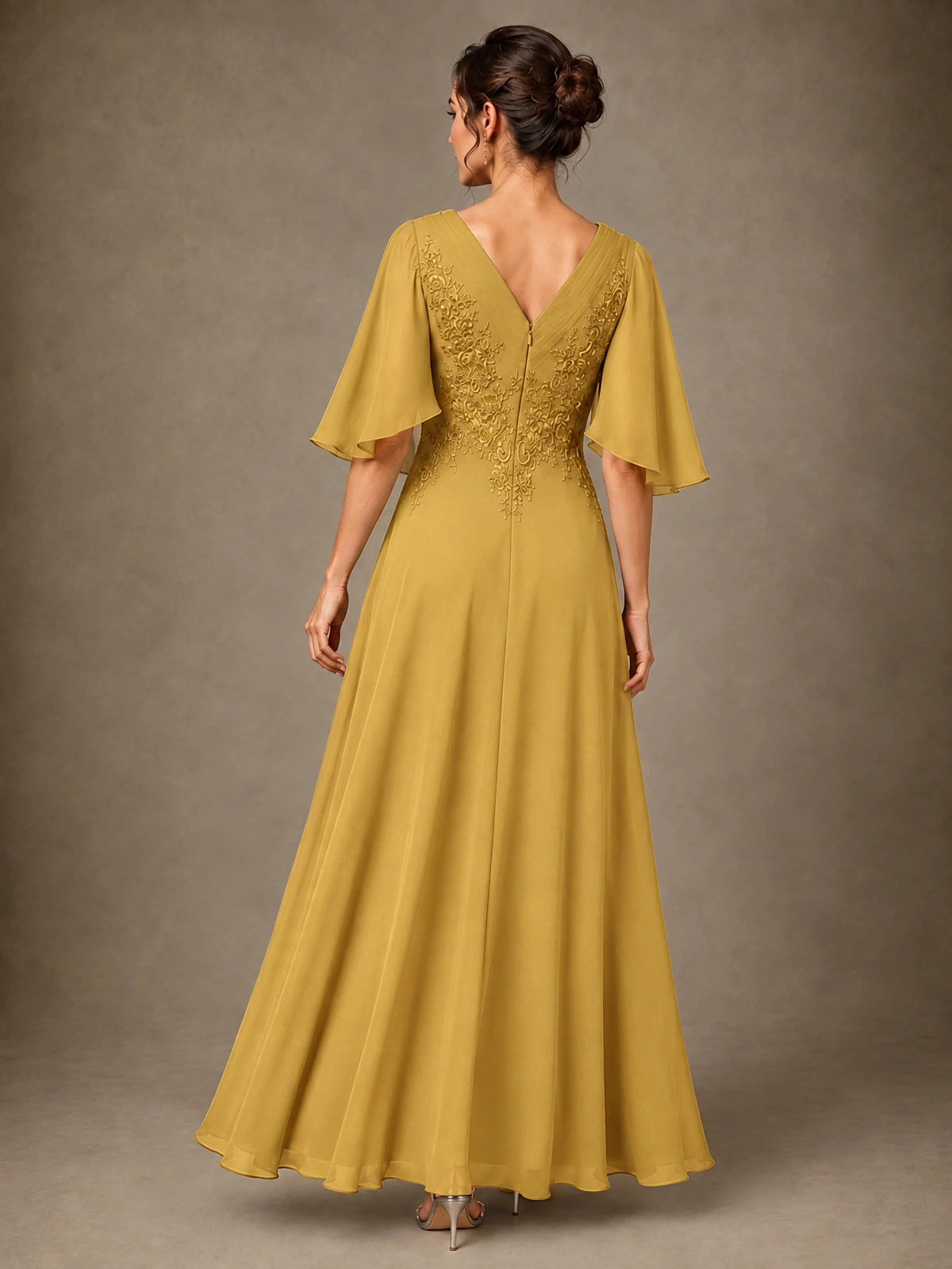 V-Neck Chiffon Lace Mother of the Bride Dress with Flutter Sleeves