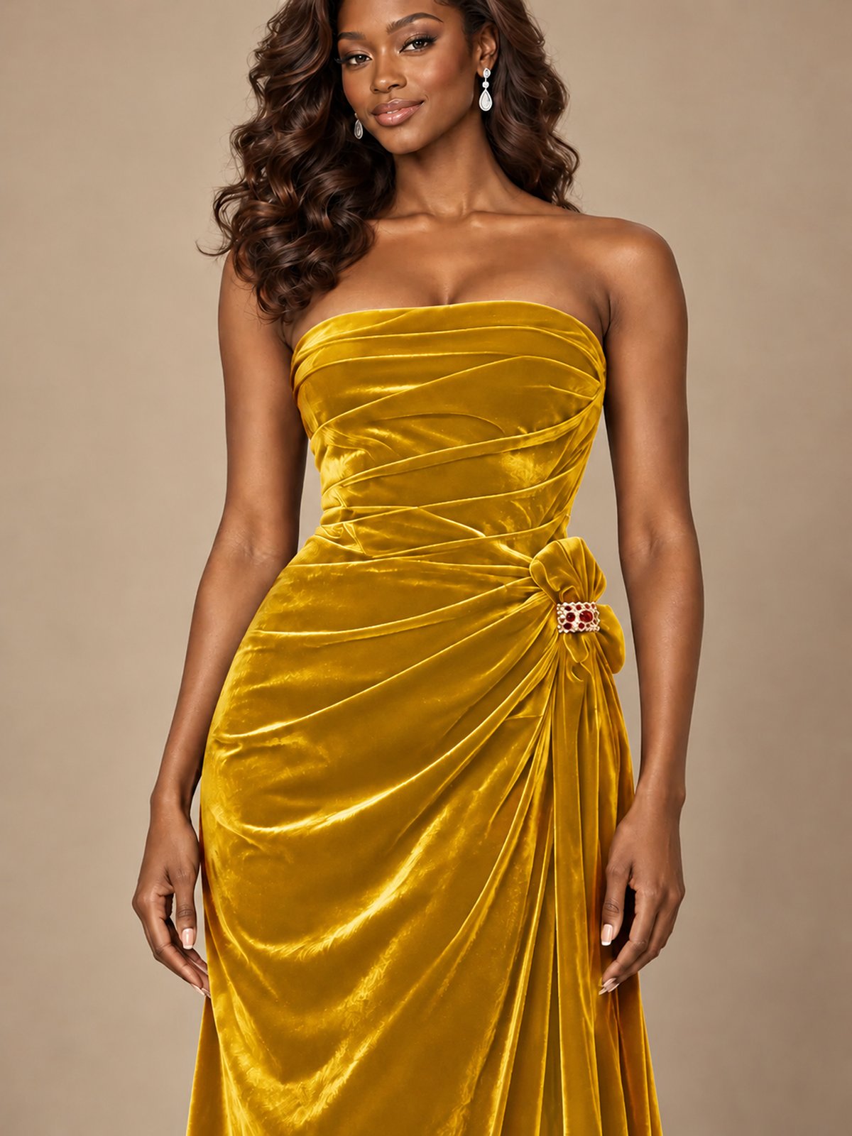 Burgundy Velvet Strapless Ruched Prom Dress with Jeweled Side Drape