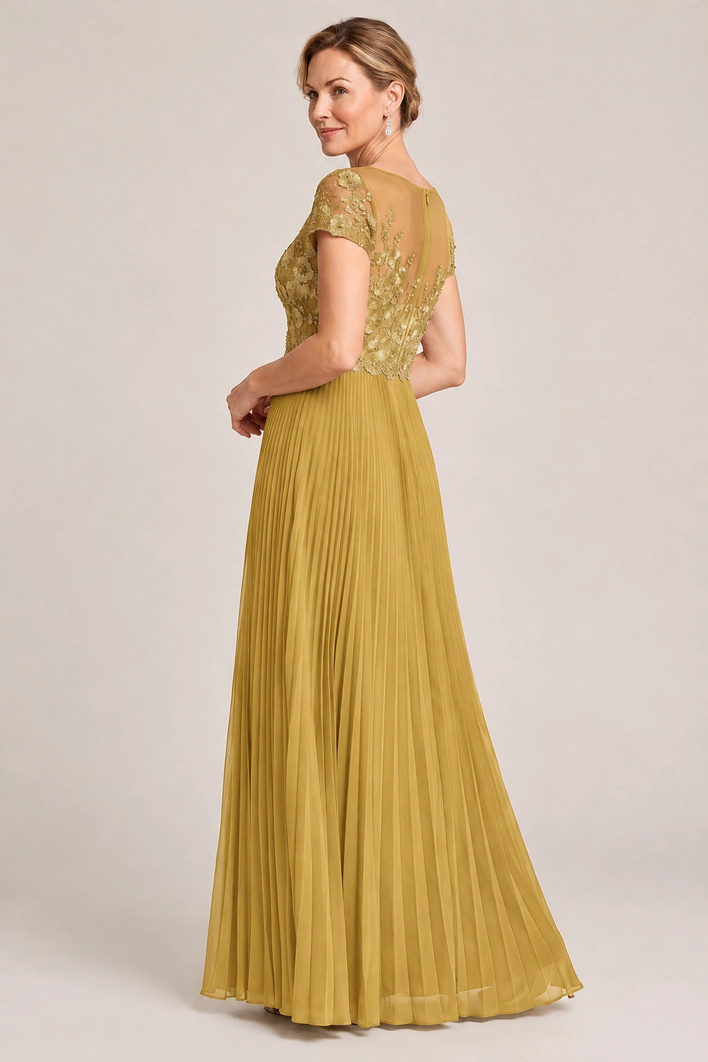 Embroidered Lace Pleated Mother of the Bride Dress