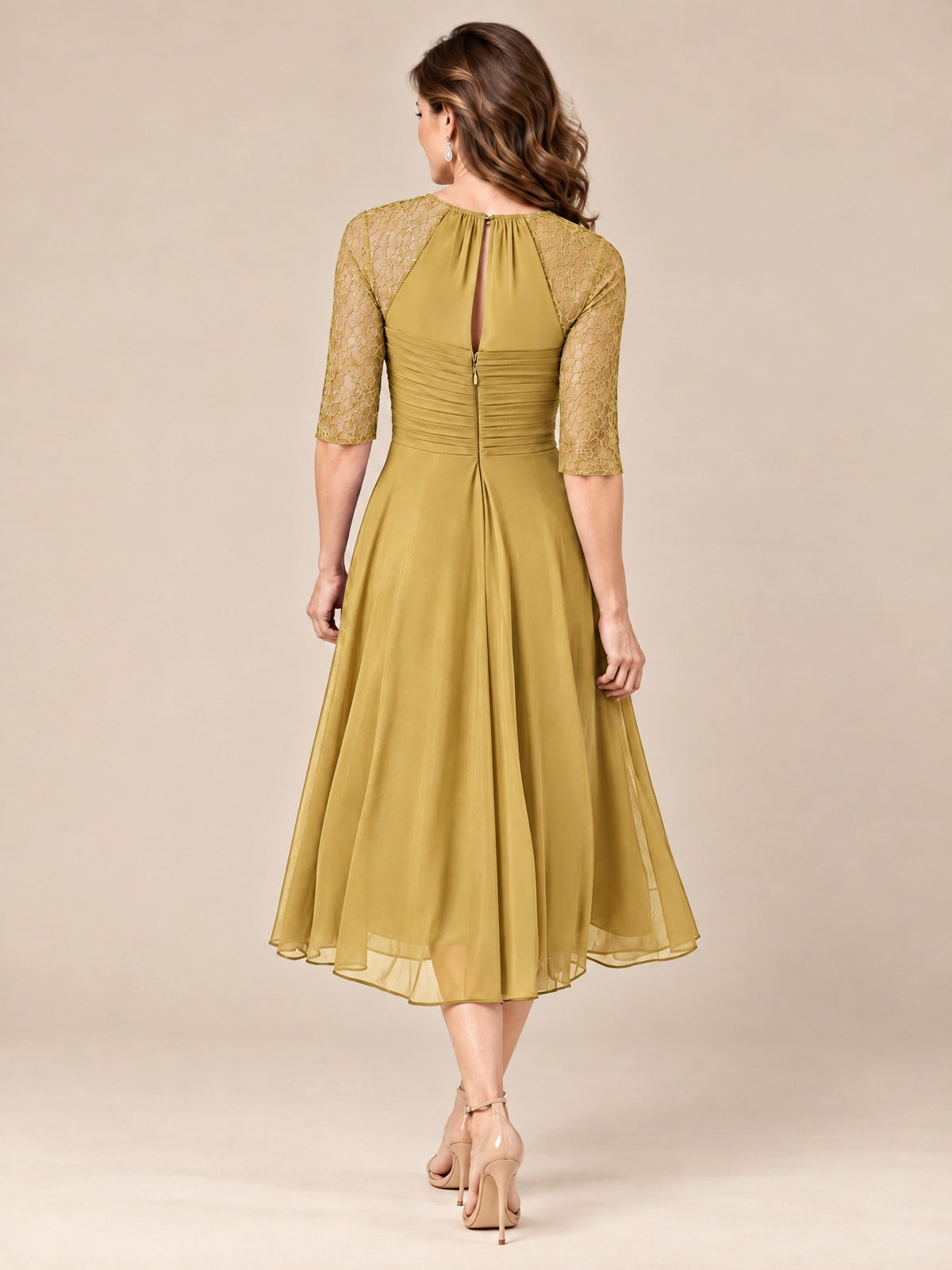 Tea-Length Mother of the Bride Dress with Lace 3/4 Sleeves