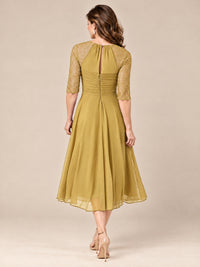Tea-Length Mother of the Bride Dress with Lace 3/4 Sleeves