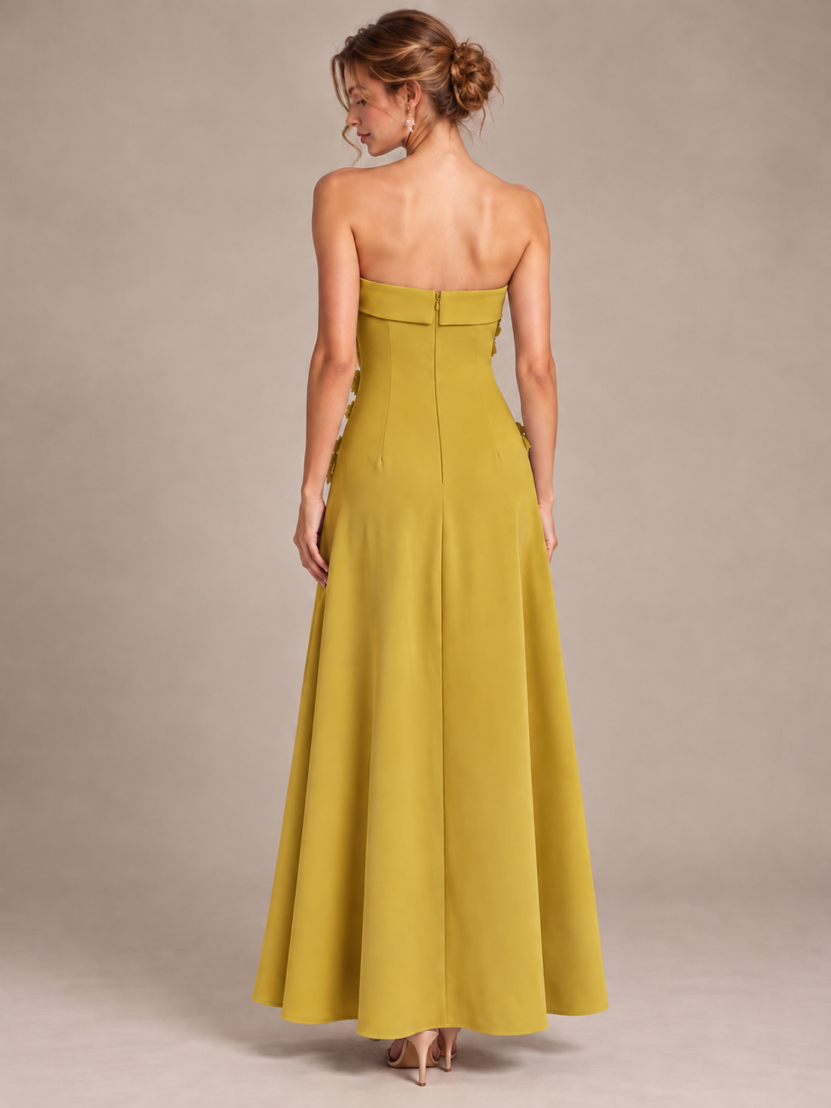 Yellow Strapless 3D Floral Appliques Maxi Dress