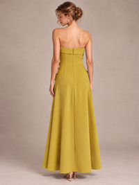 Yellow Strapless 3D Floral Appliques Maxi Dress