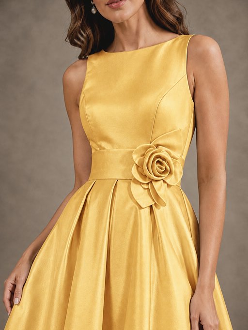 Tea-Length Satin Mother of the Bride Dress with 3D Flower Detail