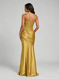 Scoop Neck Sequin Prom Dress with High Slit Satin Formal Gowns