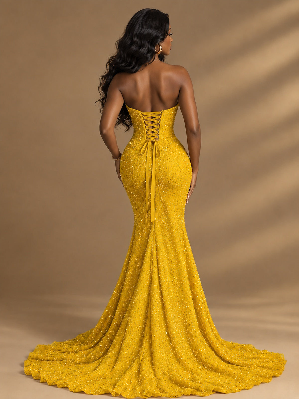 Beaded Sequin Prom Dress Strapless Formal Gowns with High Slit Train