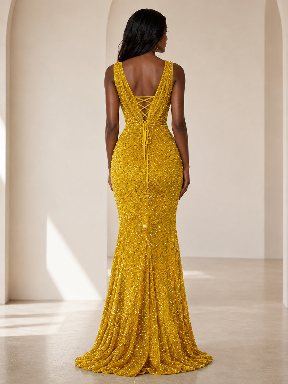 Sequin Mermaid Prom Dress with V-Neck and Ruched Waist