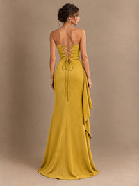 Black and White Strapless Ruched Prom Dress with High Slit & Side Drape