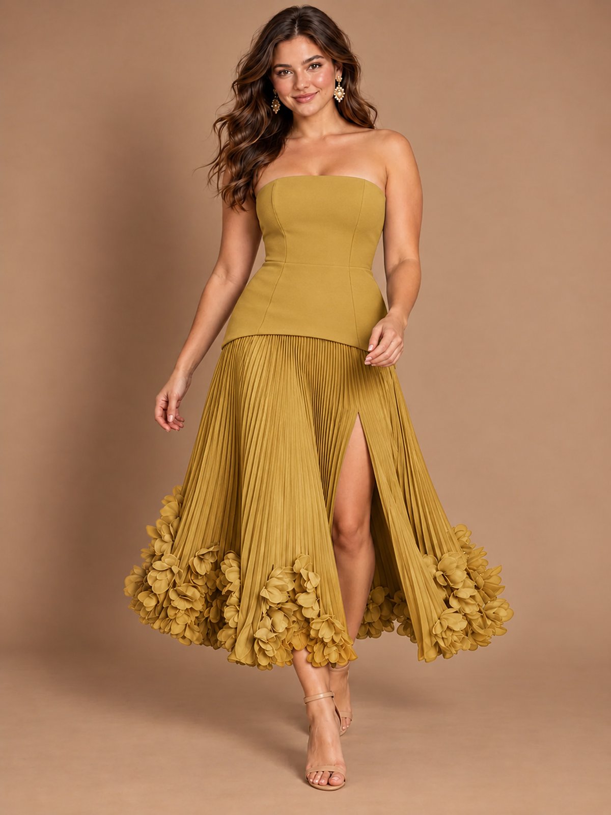 Navy Blue Strapless Pleated A-Line Midi Dress with 3D Floral Applique