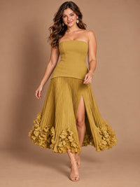 Navy Blue Strapless Pleated A-Line Midi Dress with 3D Floral Applique